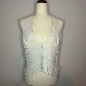 PEPPERMAYO Cream Oat Button-Down Halter Blouse w/Tie Adjustable Back